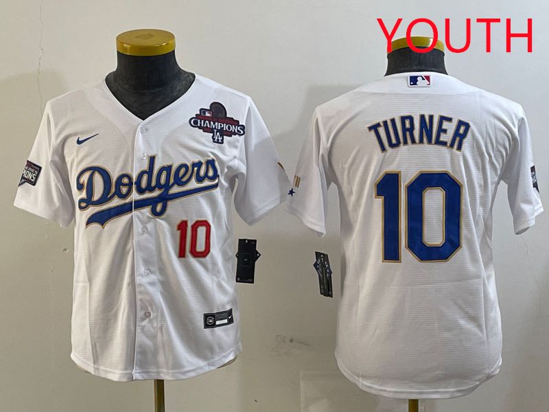 Youth Los Angeles Dodgers #10 Turner White Gold Game 2025 Nike MLB Jersey style 4->youth mlb jersey->Youth Jersey